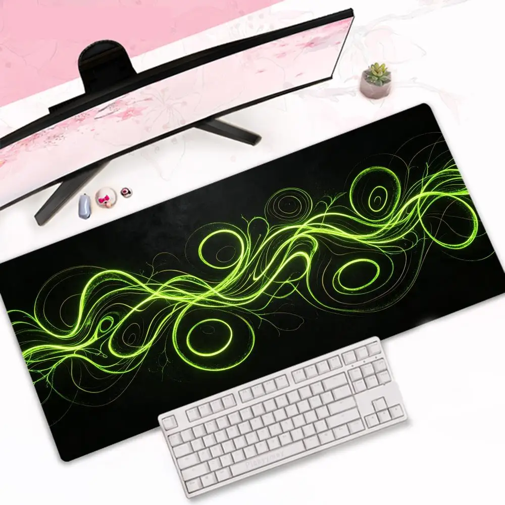 Bright Green Liquid Light Table Mat Dynamic Swirl Abstract Effect Large Size Mousepad For Laptop Gaming Workspace
