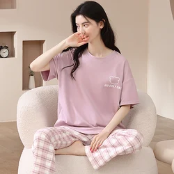 Newest 100% Cotton Women Pajamas Set Summer Short-sleeve Sleepwear Women's Simple Loose Home Wear Large Size 3XL