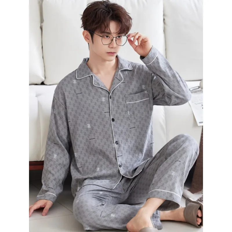 Men's Urban Style Pajama Set for Spring & Autumn, Simple Elegant Button Front Loungewear, Comfortable Fashion Daily Homewear