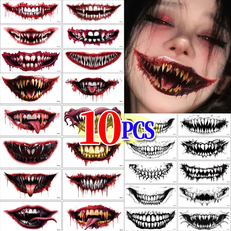 

1/10Sheets Halloween Big Mouth Tattoo Stickers Waterproof Temporary Fake Tattoos Women Men Party Funny Cosplay Tattoos Makeup