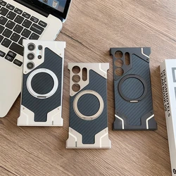 Aluminum Alloy Frame Magnetic Holder Phone Case For Samsung Galaxy S25 S24 S22 S23 Ultra Carbon Fiber Metal Frame Bumper Cover