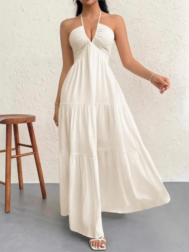 

Women's Summer Dress Bohemian V Neck Sleeveless A Line Long Dresses Solid Color Beach Dresses Simple Style Beachwear Vestidos