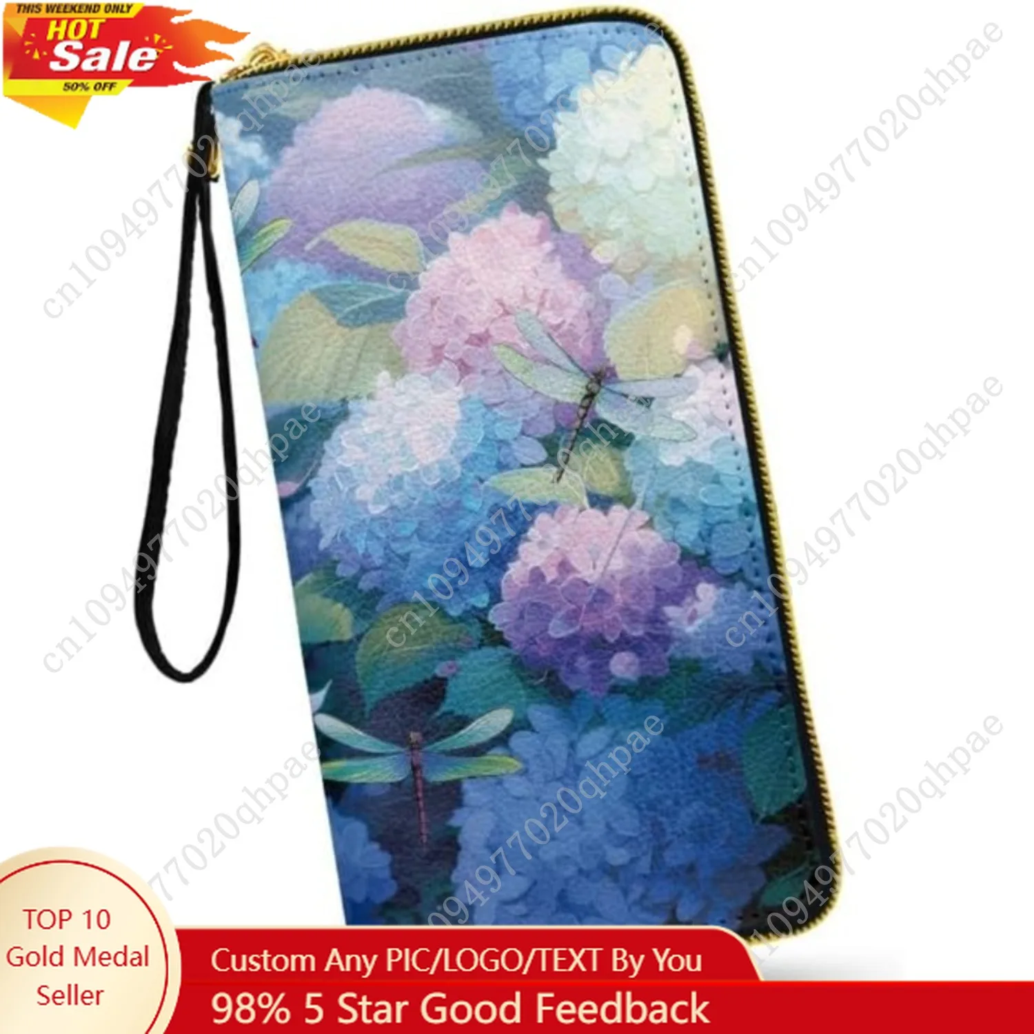 

Hydrangea Flowers Wallets PU Leather Slim Wallet for Women, Dragonfly Floral Cards Holder Organizer Purse Handbags, Zipper Pocke