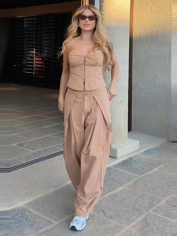 Sexy Lady Halter Crop Top Pant Sets Solid Sleeveless Chest Wrap Vest Lace Up Low Waist Wide Leg Pants Two Piece Set Women