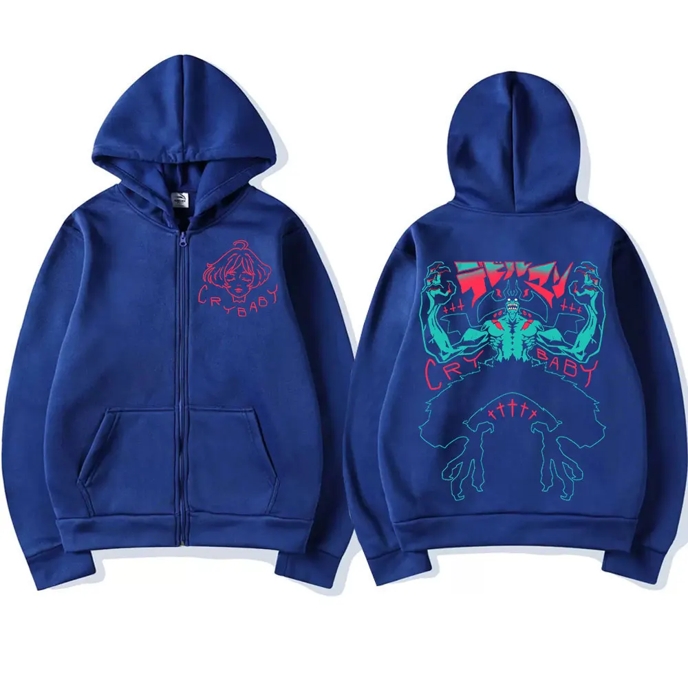 Anime Devilman Crybaby Fudou Akira Graphic Printed Hooded Men Women Zipper Hoodies Plus Size Sweatshirt Harajuku Zip Up Jacket