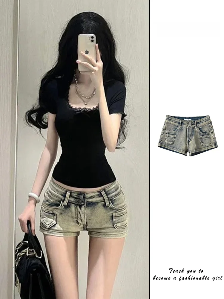 

Американские джинсовые брюки с низкой талией Spicy Girl, новые летние женские узкие брюки трапециевидной формы в стиле ретро, прямые джинсы