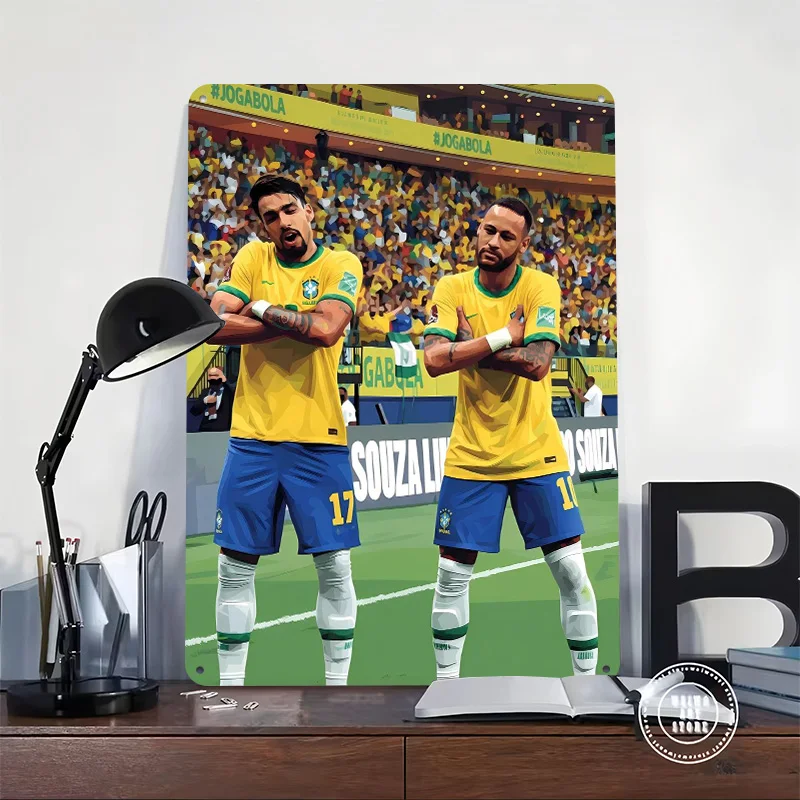 Brazilian Football Players Celebrating Poster Customized Vintage Metal Signs Wall Art Retro Tin Plaque for Decoration Bedroom