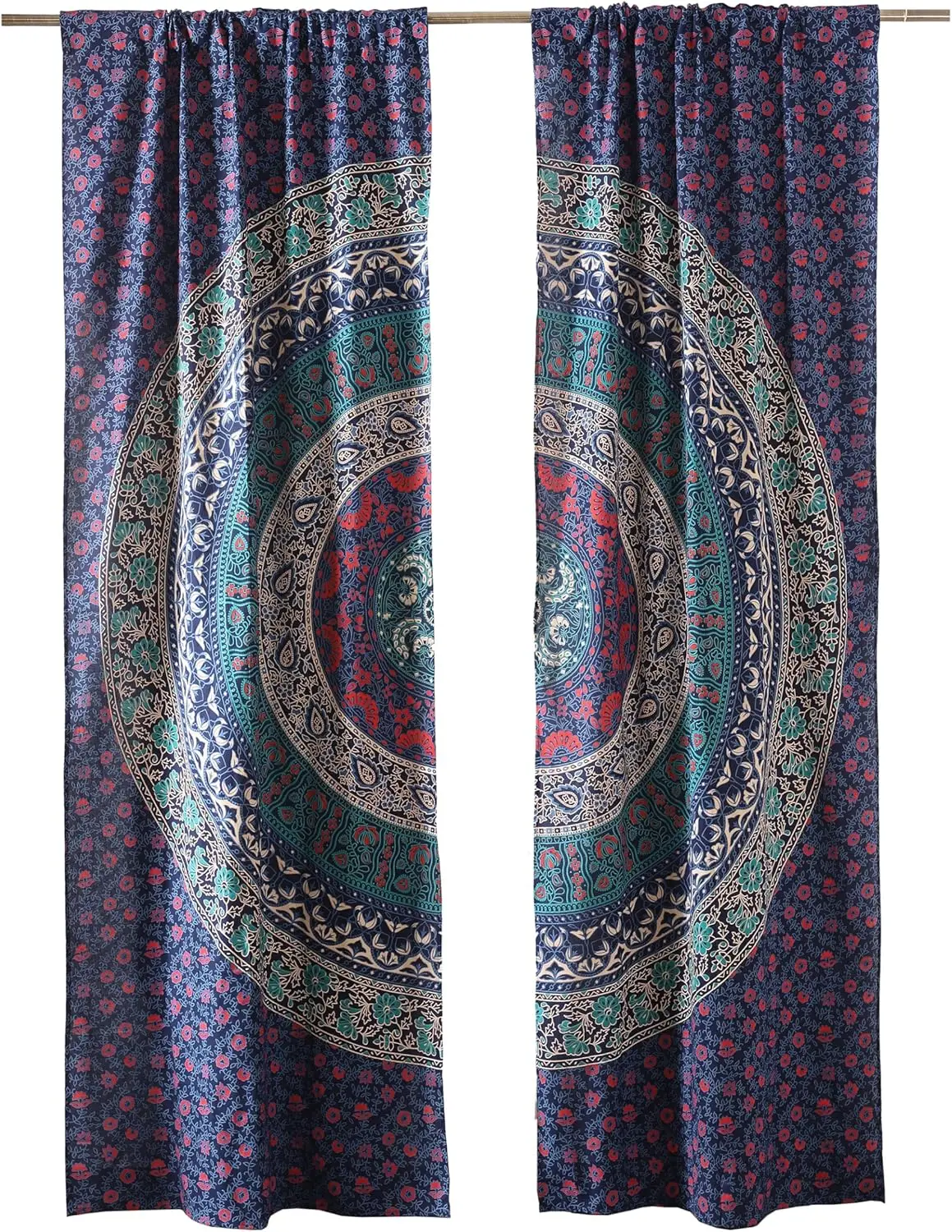 Popular Handicrafts Blue Hippie Mandala Art of Flower Curtains 100 Inch Length for Living Room Bedroom 2 Panels Set Semi Sheer
