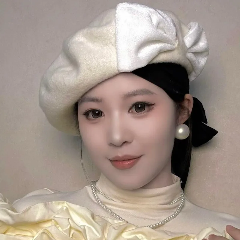 

Новые шерстяные береты с милым бантом для женщин, маленькие осенние и зимние дорожные повседневные универсальные элегантные шапки художника