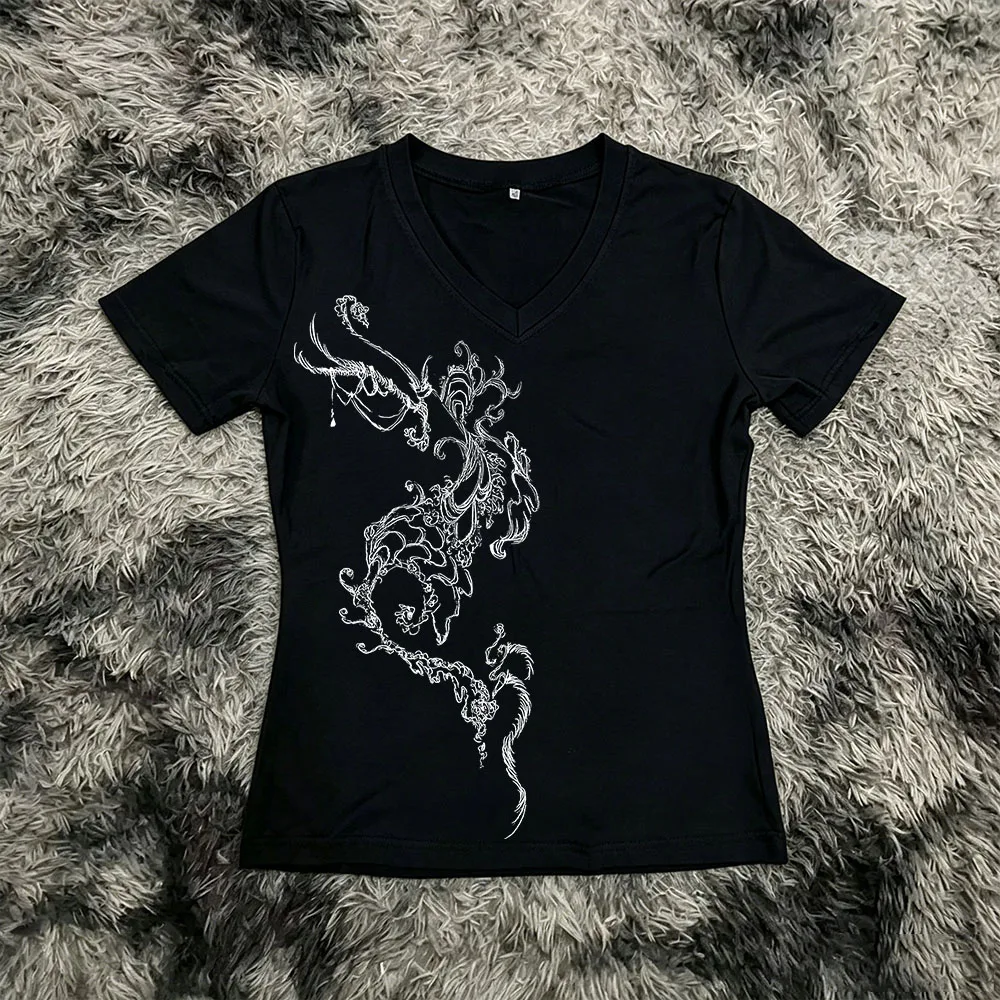 Y2K Aesthetic T-shirt for Women, Fashion V-neck, Casual Pattern, Retro Punk Short Sleeve, Gothic Open Umbilical Top, Girl Fit T-