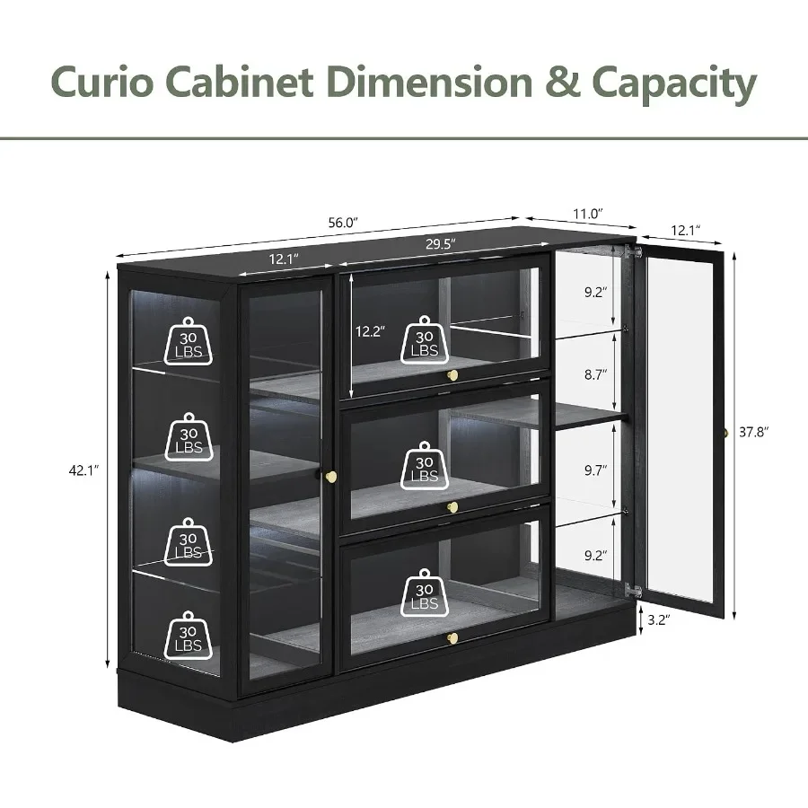 Display cabinet for collectibles and toys, acrylic glass doors, white, extra wide with LED lighting and multi-tier display shel