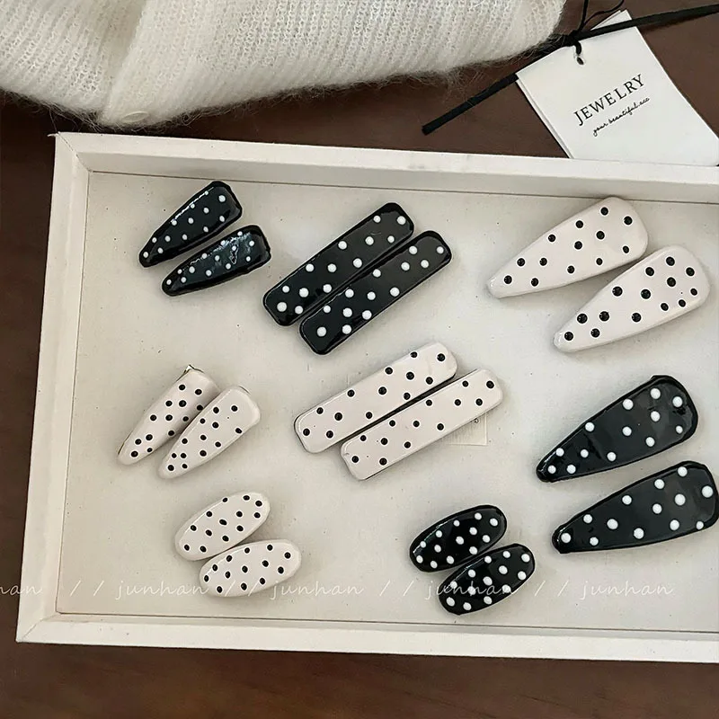 Cream Series White Polka Dot PU Leather Barrettes Break Clip Side Hairpin Ins Style High-End HairAccessories Headdress for Women