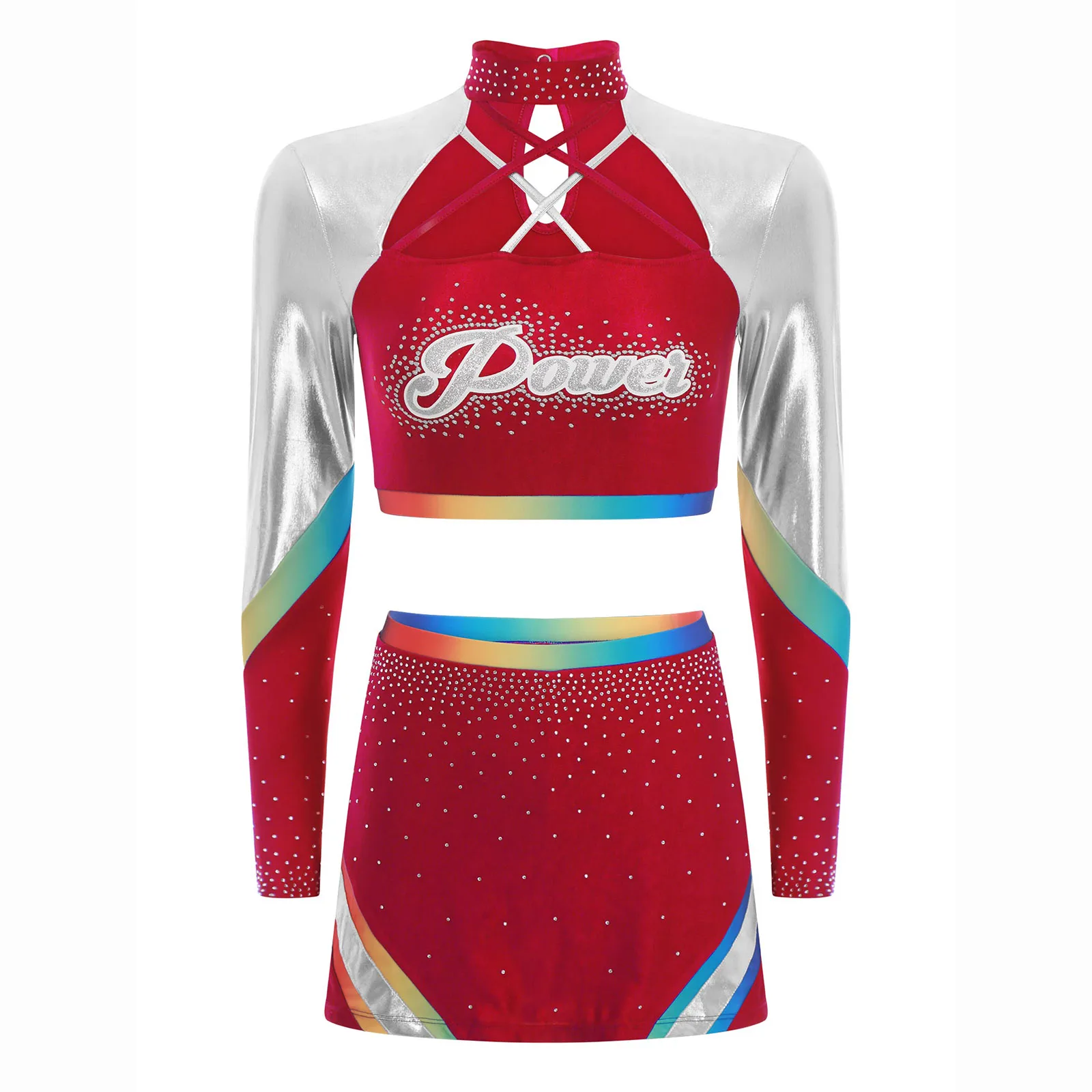 

Womens Shiny Rhinestone Cheerleader Costume Cheerleading Uniform School Girls Cosplay Outfits Crop Tops with Dance Skirt Set