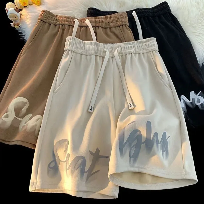 Letter Print Shorts Women Y2K Fashion American Style Streetwear Drawstring Sports Shorts Bf Hip Hop Loose Casual Wide Leg Shorts