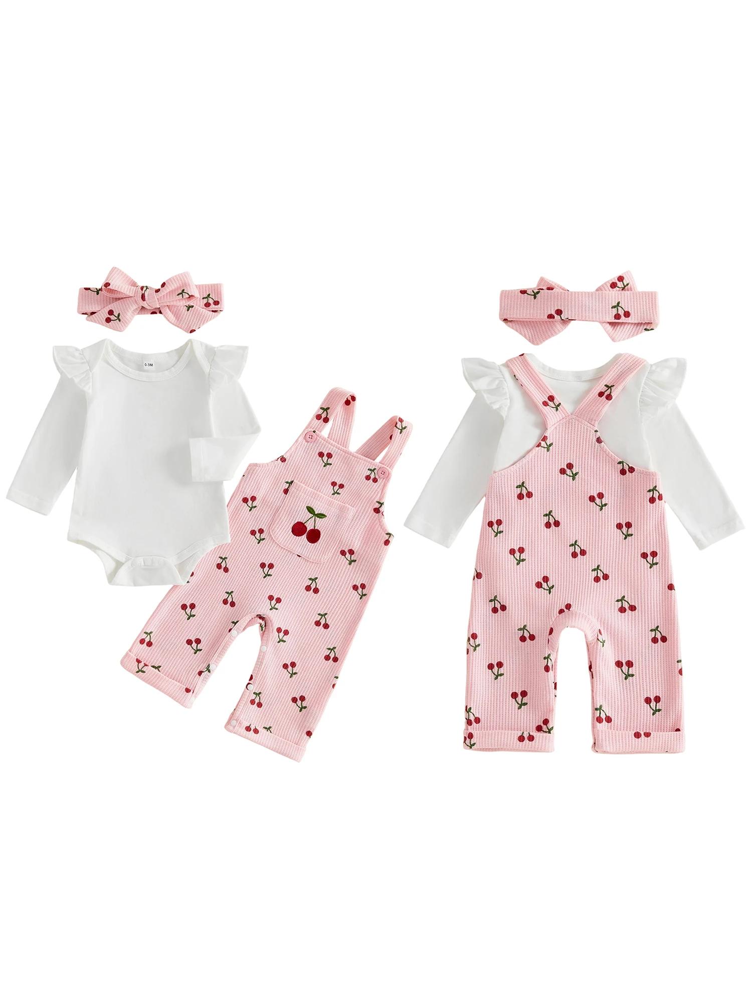 Cherry Print Overalls Long-Sleeve-Romper With Cherry Outfit-Long Girl Outfit Long Long Sleeve Overalls Sleeve Romper