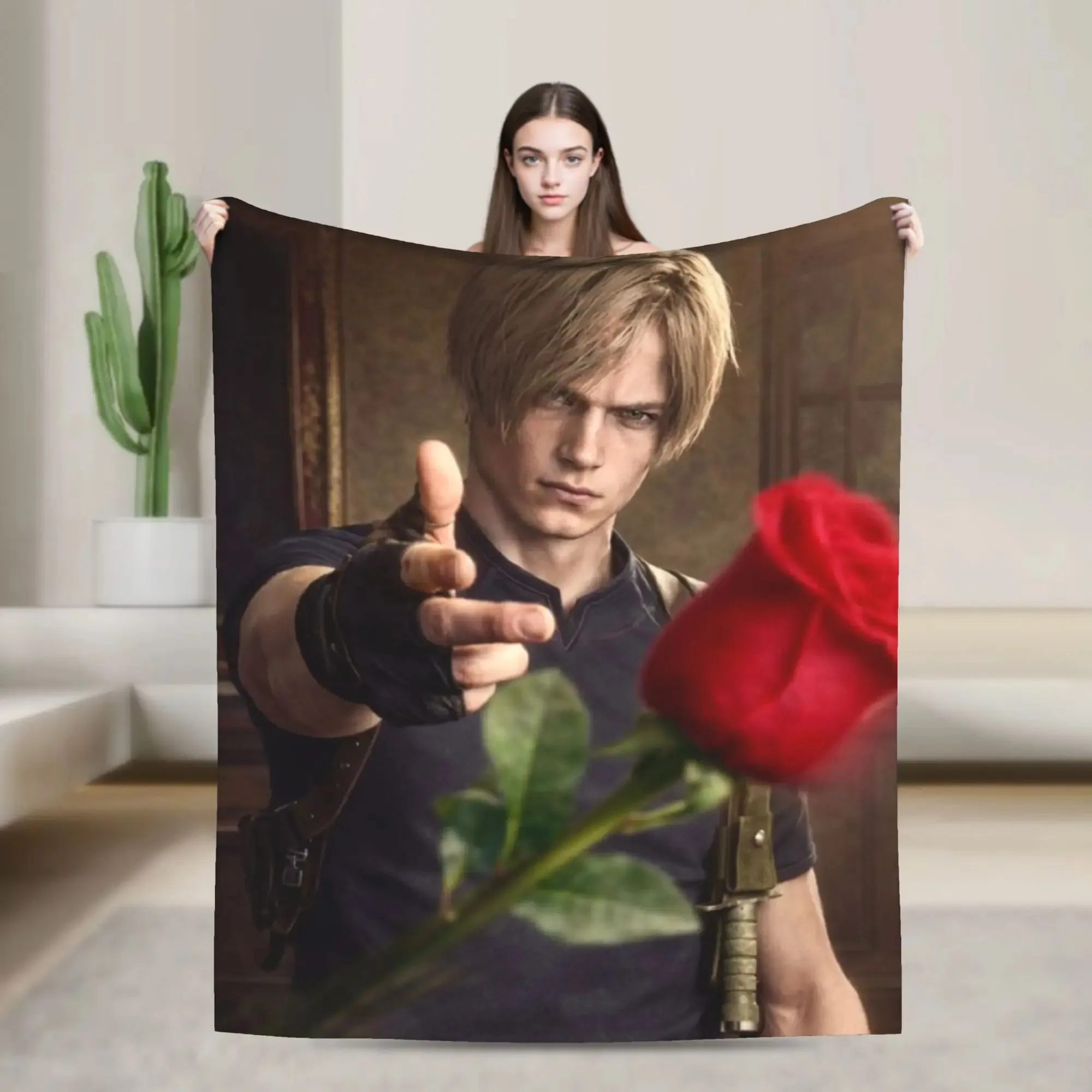 Leon Resident Evil Blanket  Kennedy Rose Print Soft Fleece Throw for Gaming Room Bedroom Dorm Decor Multi-Size