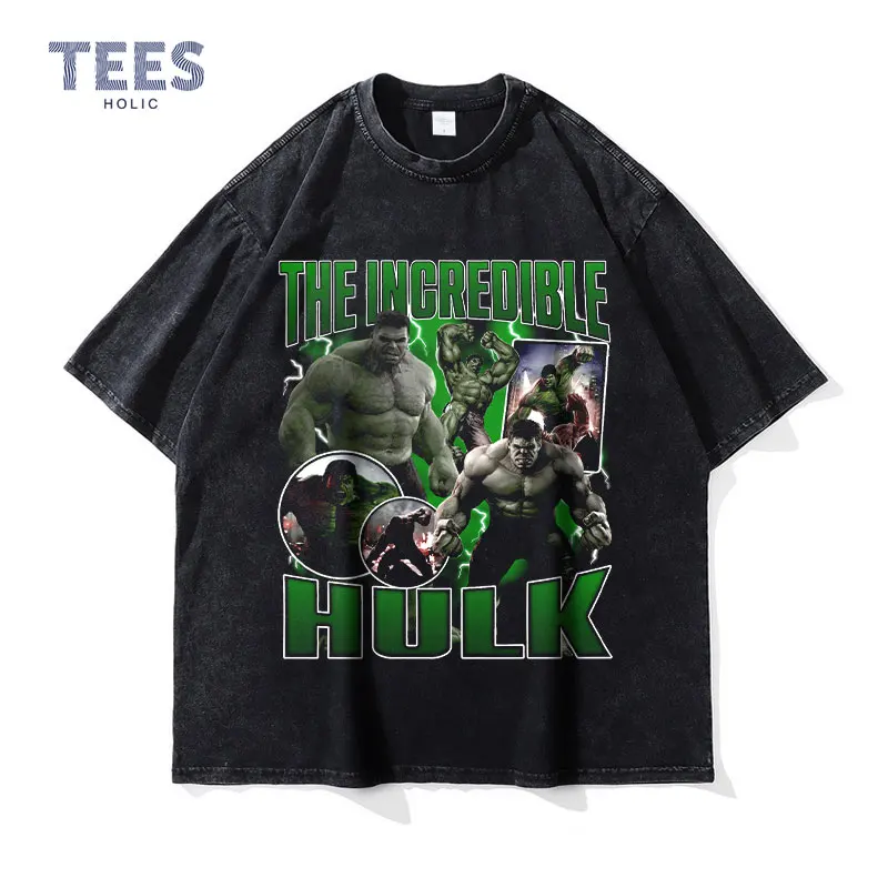 

Hulk T Shirt Wolverine Vintage Washed DTG Print Top Tees Movie Old School Oversized T-shirt Short Sleeve Sweatshirts Man Cotton