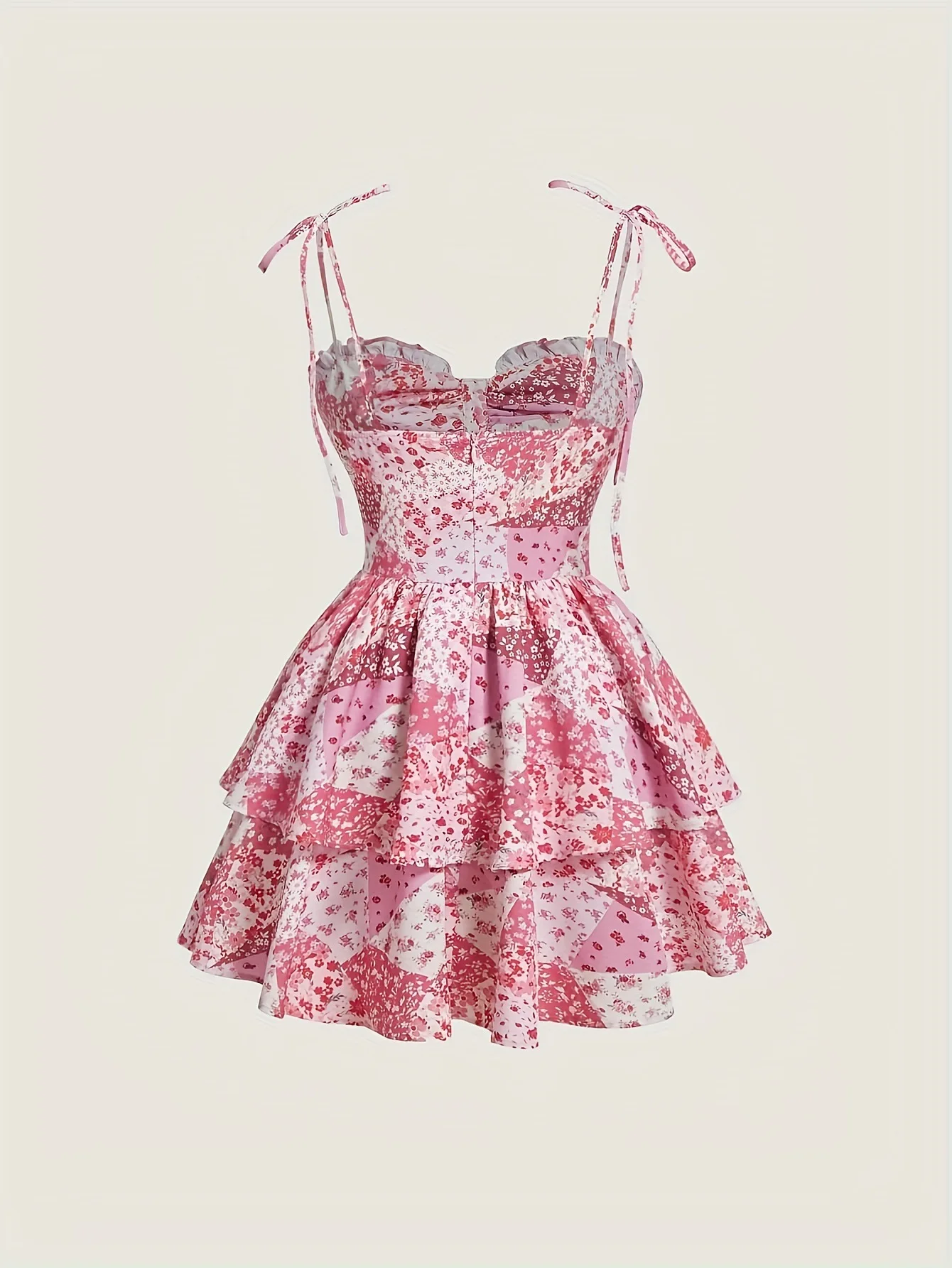Feminino rosa floral retalhos mini vestido cinta de espaguete babados em camadas bustier vestido elegante roupa casual para namoro e festas