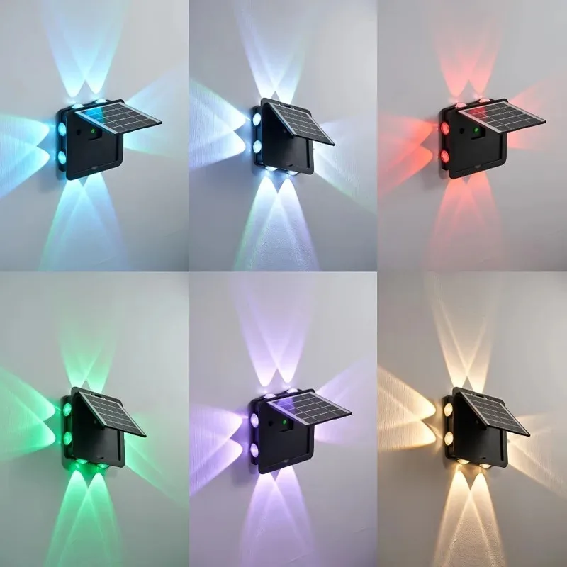 2팩 태양광 벽 조명 RGB/WW 8헤드 야외 세척 램프 8가지 조명 모드 조명 센서 제어 색상 변경 정원용