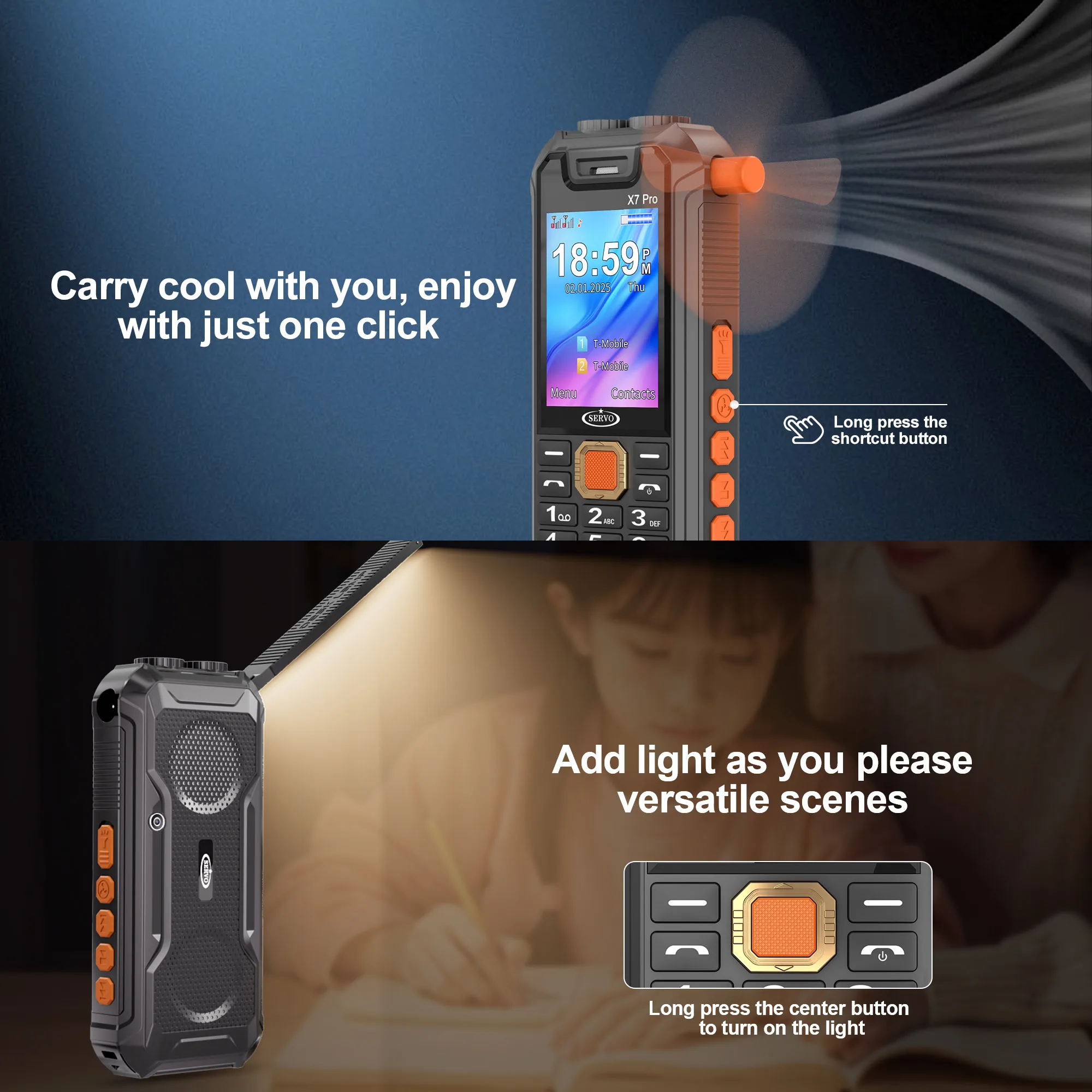 SERVO X7 PRO Kipas Mini Ponsel Senter Ganda Perekaman Panggilan Suara Ajaib Bank Daya SOS Radio FM Layar 2.8 "Ponsel 2SIM