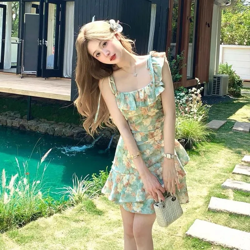 

Women's Floral Print Ruffle One Piece Swimsuit French Style Tie Strap Beach Dress