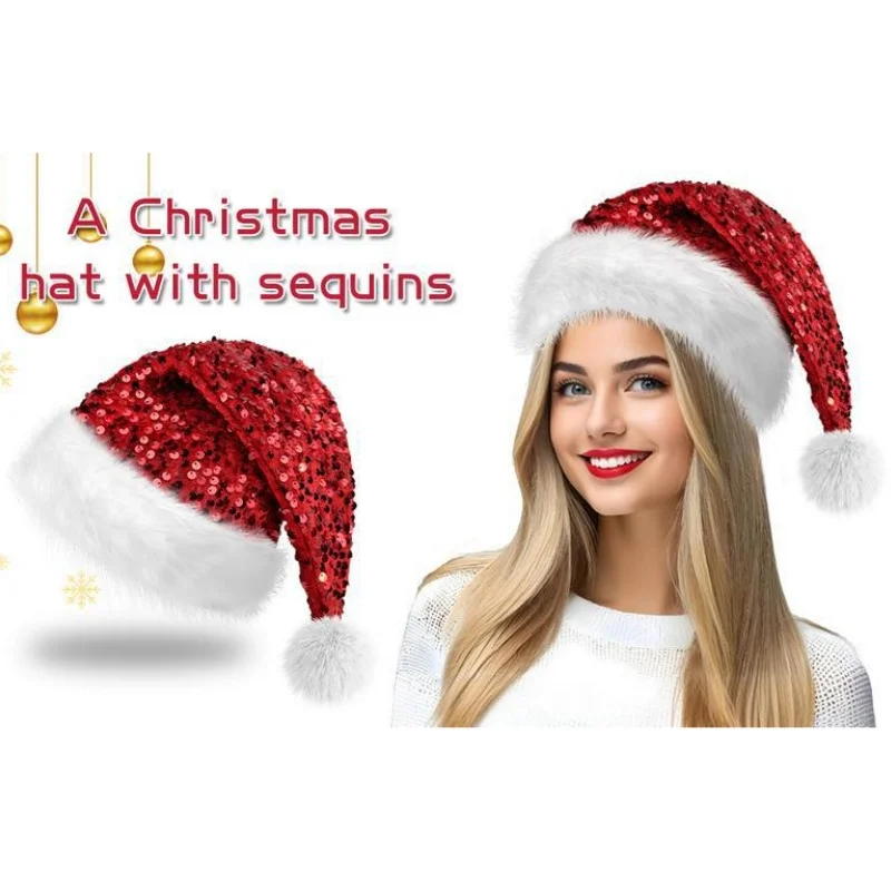 

Elegant Sequined Christmas Hat with Double Layer Design, Red Santa Cap with Plush Pompom for Xmas Party and New Year Celebration