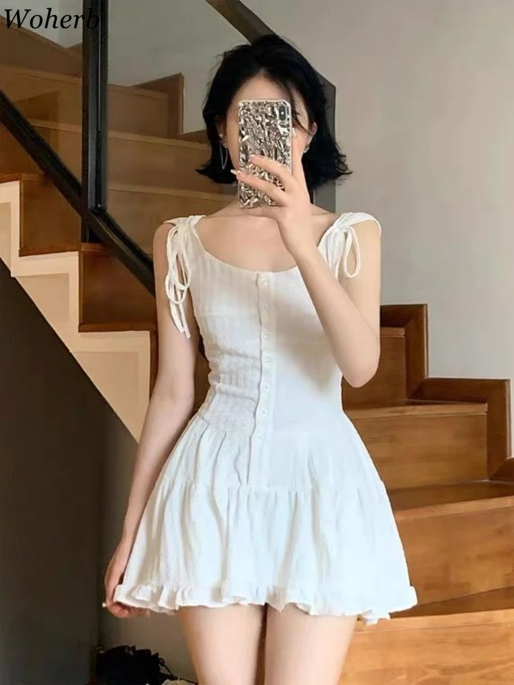 White Sweet Sling Robe Femme Summer Dress for Women 2024 Vestidos De Mujer Ruffles High Waist  A-line Temperament Mini Dresses