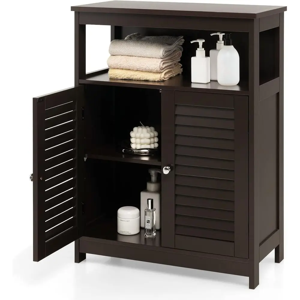 Wooden Louvered Storage Cabinet with Removable Shelves for Living Room, Kitchen, and Entryway (Brown)