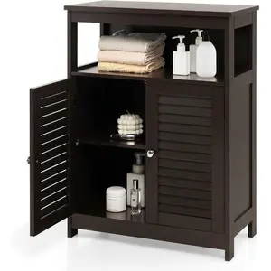 Wooden Louvered Storage Cabinet with Removable Shelves for Living Room, Kitchen, and Entryway (Brown)