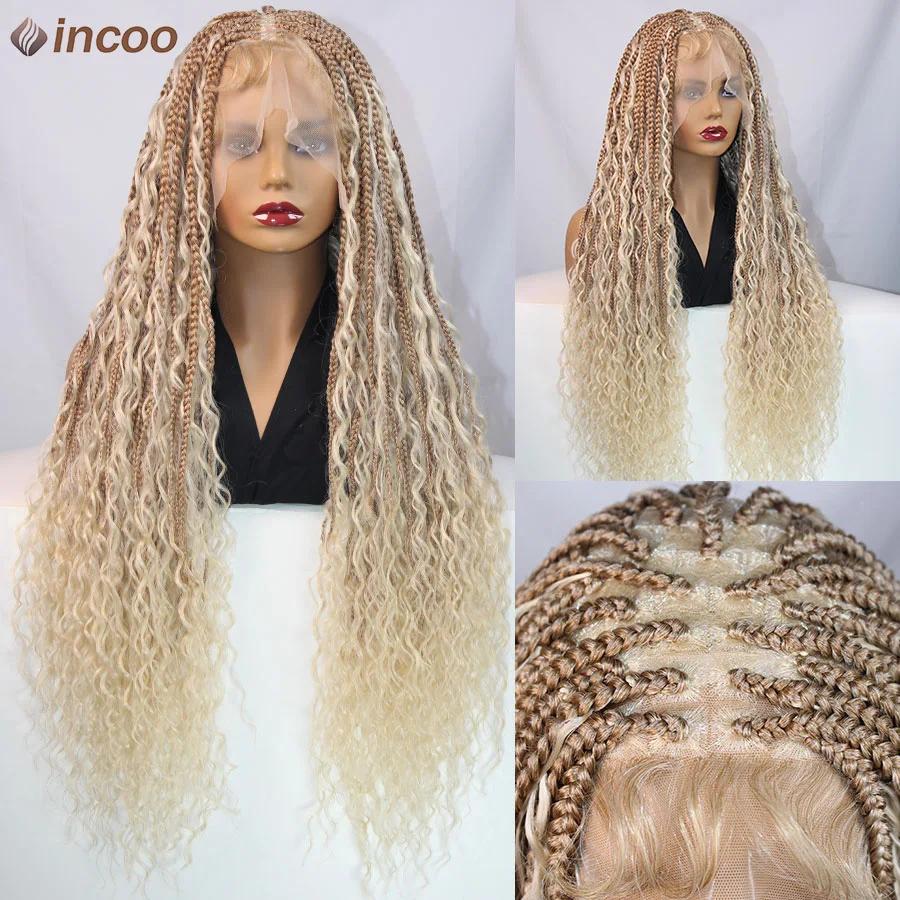 Blonde Synthetic 32'' Long Boho Braided Wigs Knotless Box  Full Lace Cornrows Braided Wigs With Curly Hair Goddess Braids Women