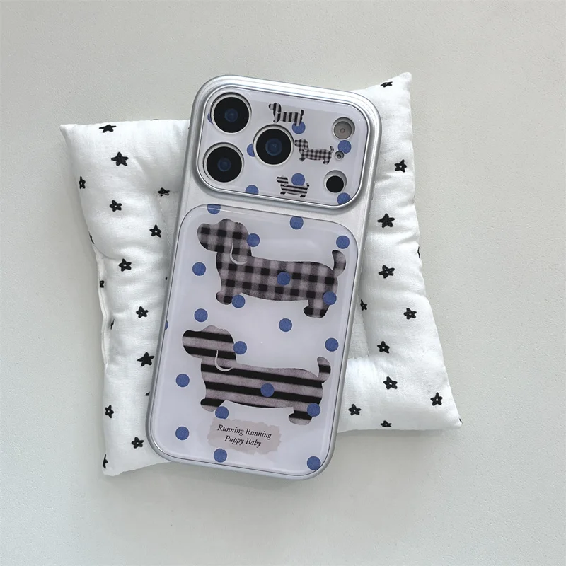 

Cute Dachshund Plaid Striped Blue Polka Dot Clear Phone Case For iPhone 15 16 17 Pro Max INS Retro Large Window Shockproof Cover