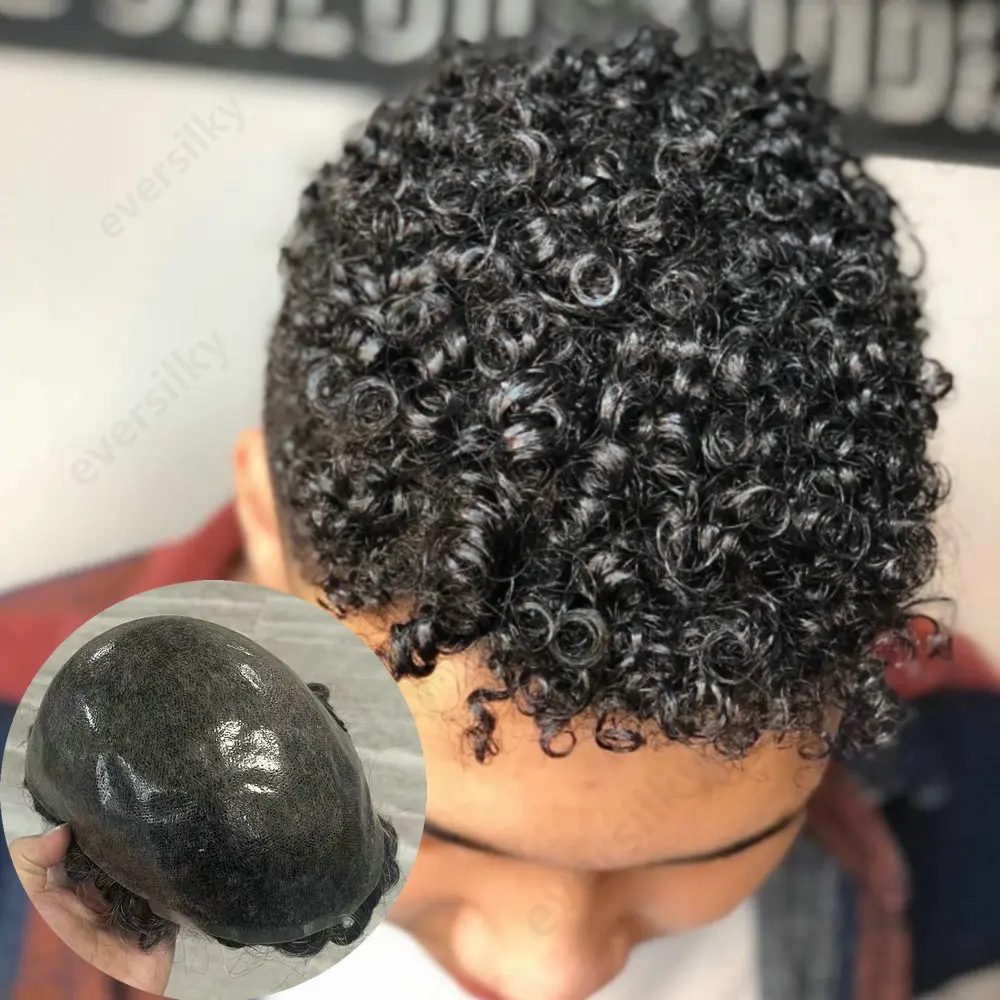 8mm Kinky Curly Human Hair Wigs Thin Skin 0.1mm PU Men Toupee Man's Capillary Prosthesis Hair System Undetectable Man Hairpeces