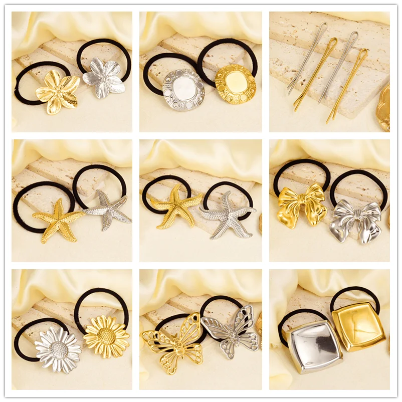 

Real Gold Plated Stainless Steel Flower Butterfly Bowknot Black Head Rope Hair Elastics & Tie For Women Girl Accessories Jewelry