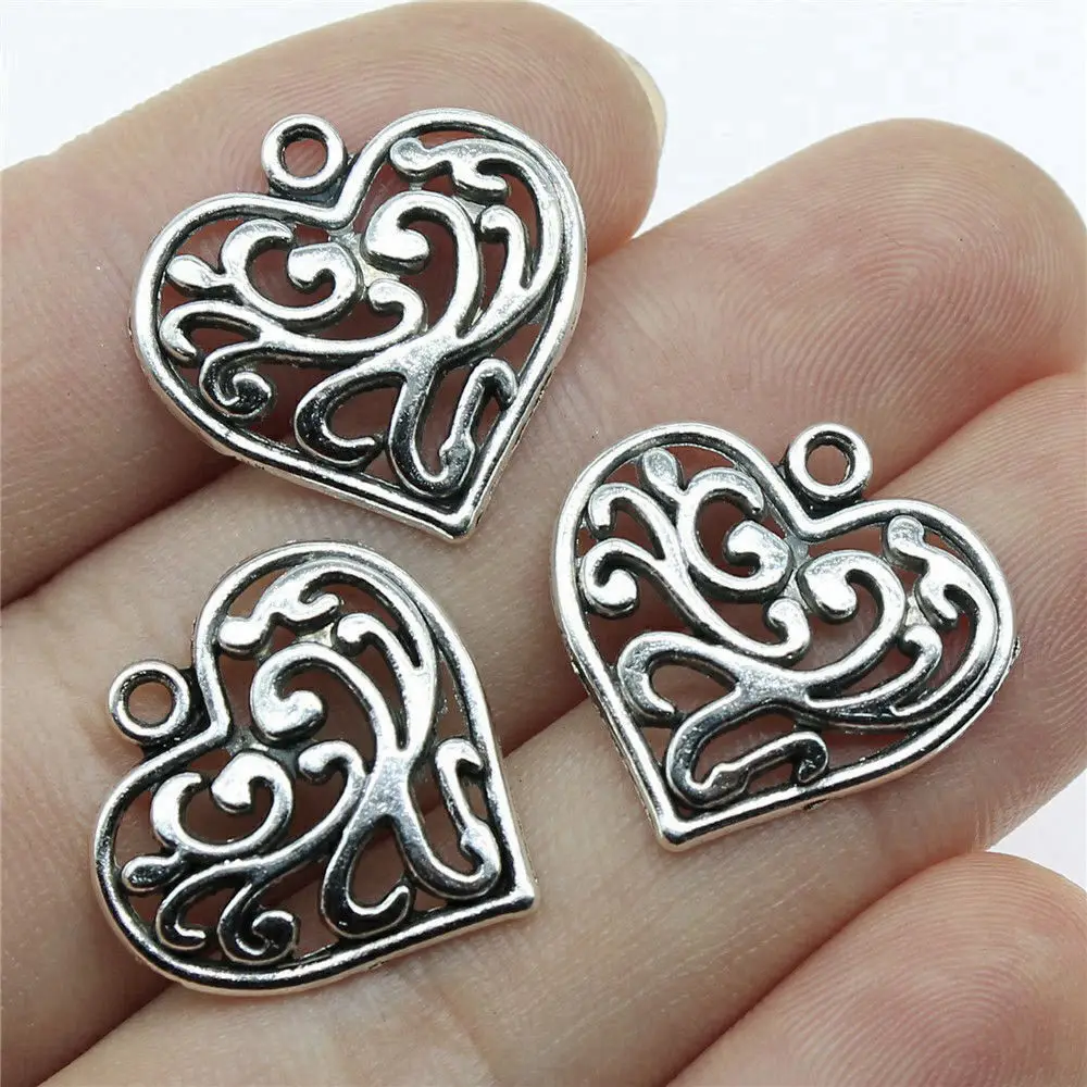 10pcs/lot 21x21mm Carved Flower Heart Charms For Jewelry Making Antique Silver Color 0.83x0.83inch