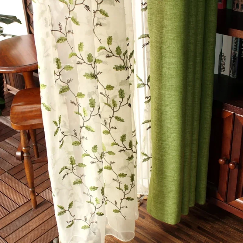 Pastoral Blackout Curtain Green Linen Fabric Window Screen Leaves Embroidered Curtain Tulle for Living Room Bedroom American