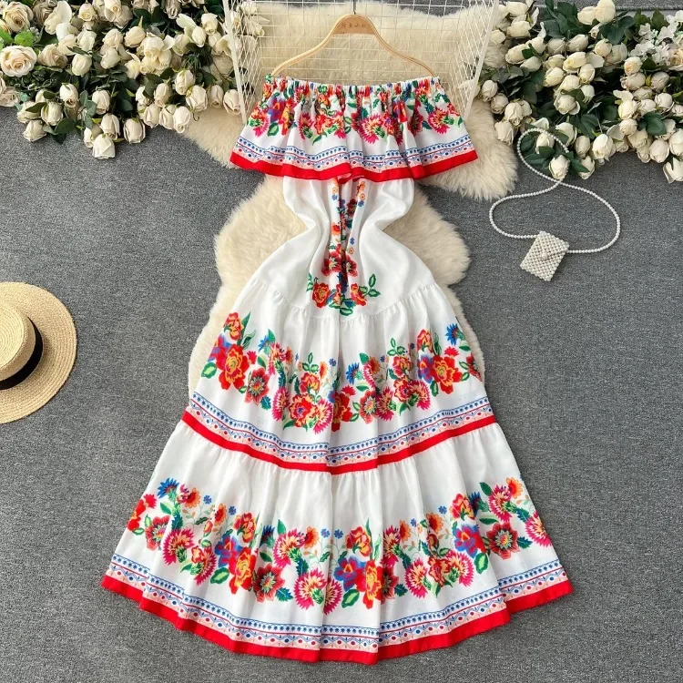 Korejepo French Court Style Dresses Floral One Shoulder Casual Dress Women Summer Straps Waistband Beautiful Long Clothes