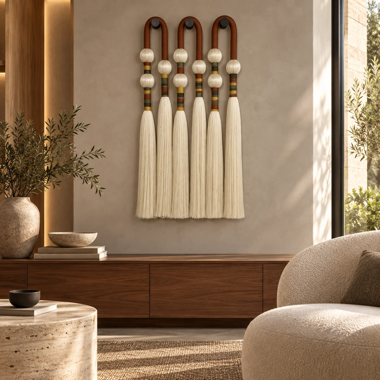 Handmade Arch Tassel Wall Hanging Modern Sculptural Fiber Art Decor for Hotel Lobby Villa and Lounge