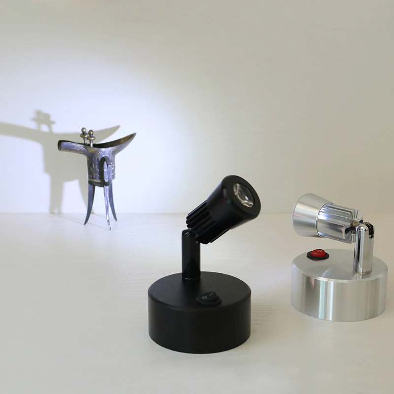 3W LED Desk Reading Light Adjustable Picture Spotlight Battery-Powered Wireless Portable Lamp Button Cabinet Silver/Black Shell