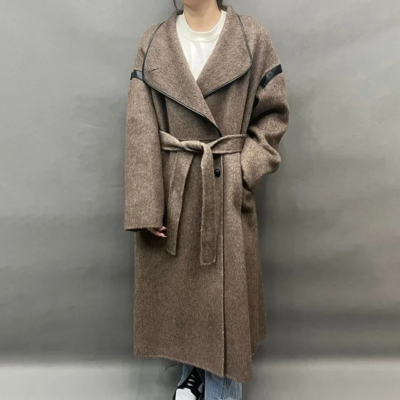 

Women's Winter Wool Coat Fashion Turn Down Collar Cashmere Trench Coat Elegant Lady Long Coat