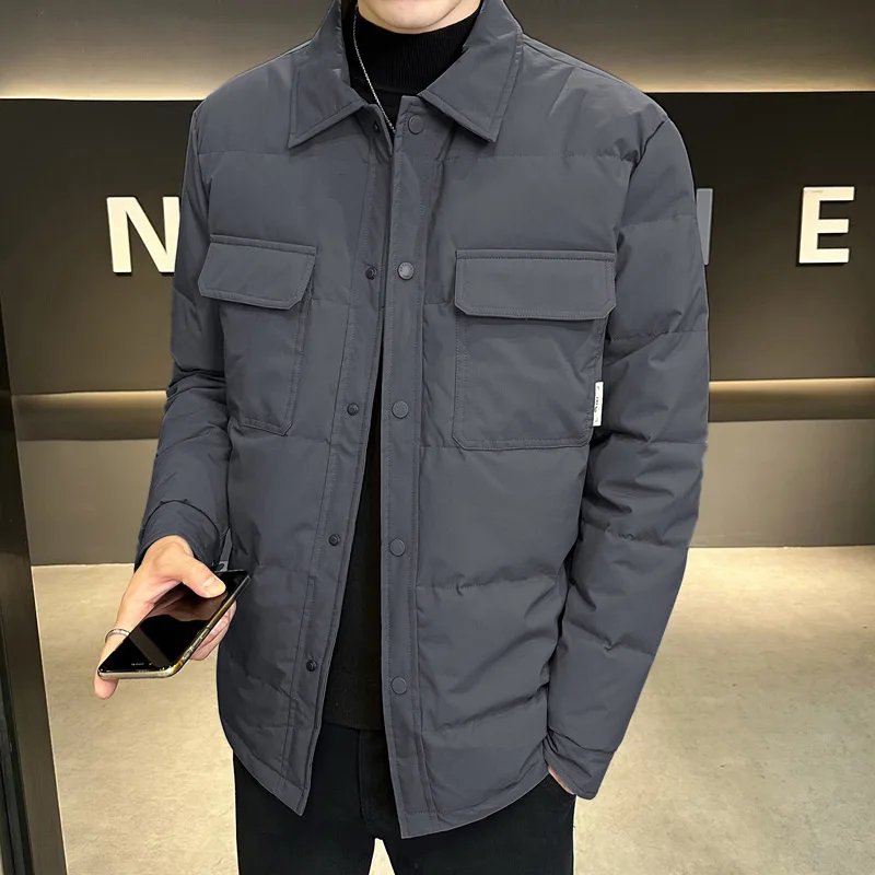 

Men's Turn-down Collar Long Sleeve Solid Color Casual Trendy Simple Pocket Goose Down Jackets New Fashion Winter Clothes Coats