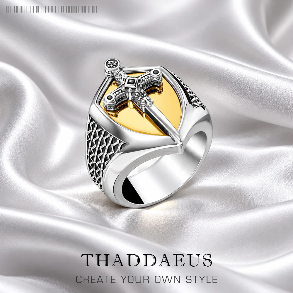 Sword Golden Signet Ring in 925 Sterling Silver,Vintage Gift for Women Men,Europe Winter Fine Mystical Jewelry