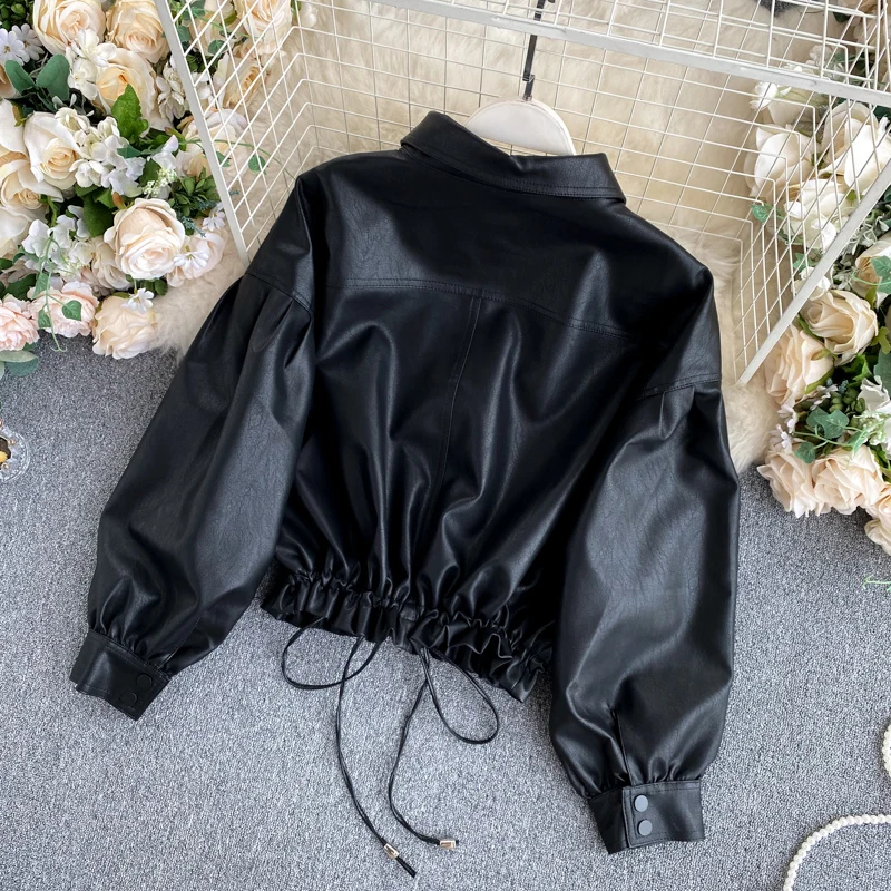 Chaqueta de cuero negro estilo coreano Retro BF para mujer, abrigo de Pu suelto que combina con todo, chaquetas cortas de motocicleta para mujer, otoño e invierno, 2023