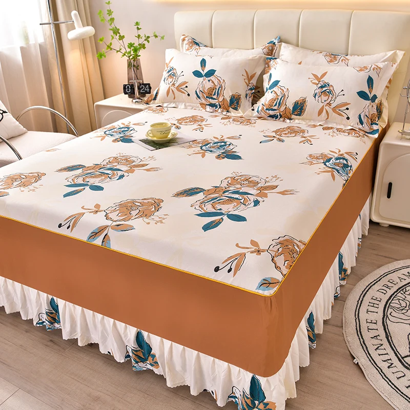 Floral Style Bed Skirt Skin-friendly Bed Covers Non-slip Mattress Protectors roupa de cama Printed Bedspread (No Pillowcase)