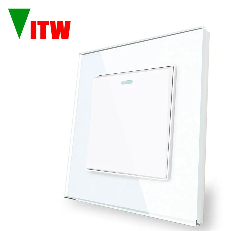 لوحة مفاتيح مدمجة Vitw 86 * 86 مم، AC 110-250V EU إضاءة عالمية 1 Gang مفتاح ثنائي الاتجاه، مقبس طاقة من الزجاج المقسى الأبيض