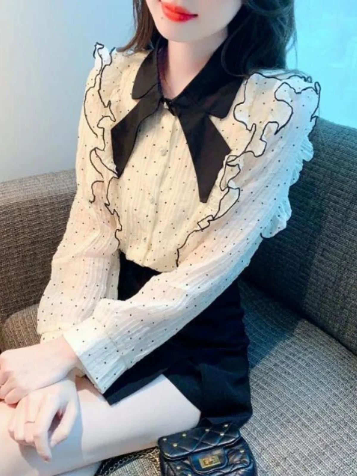 

Spring 2026 Women's Loose Long Sve Chiffon irt Sweet Knot Polka Dot Color Blo Single Button Faionable Vers...