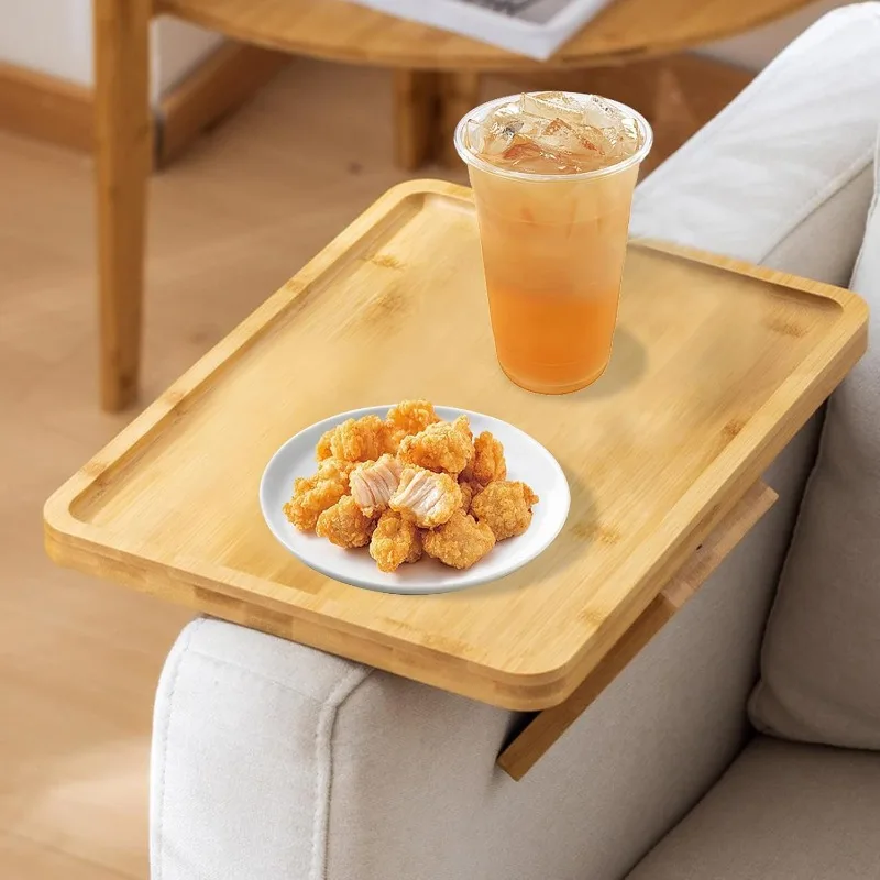 1Pc Rectangular Bamboo Sofa Arm Clip Tray Table Foldable Flexible Armrest Side Holder for Cup Phone Fruit Snack Practical Household Gift