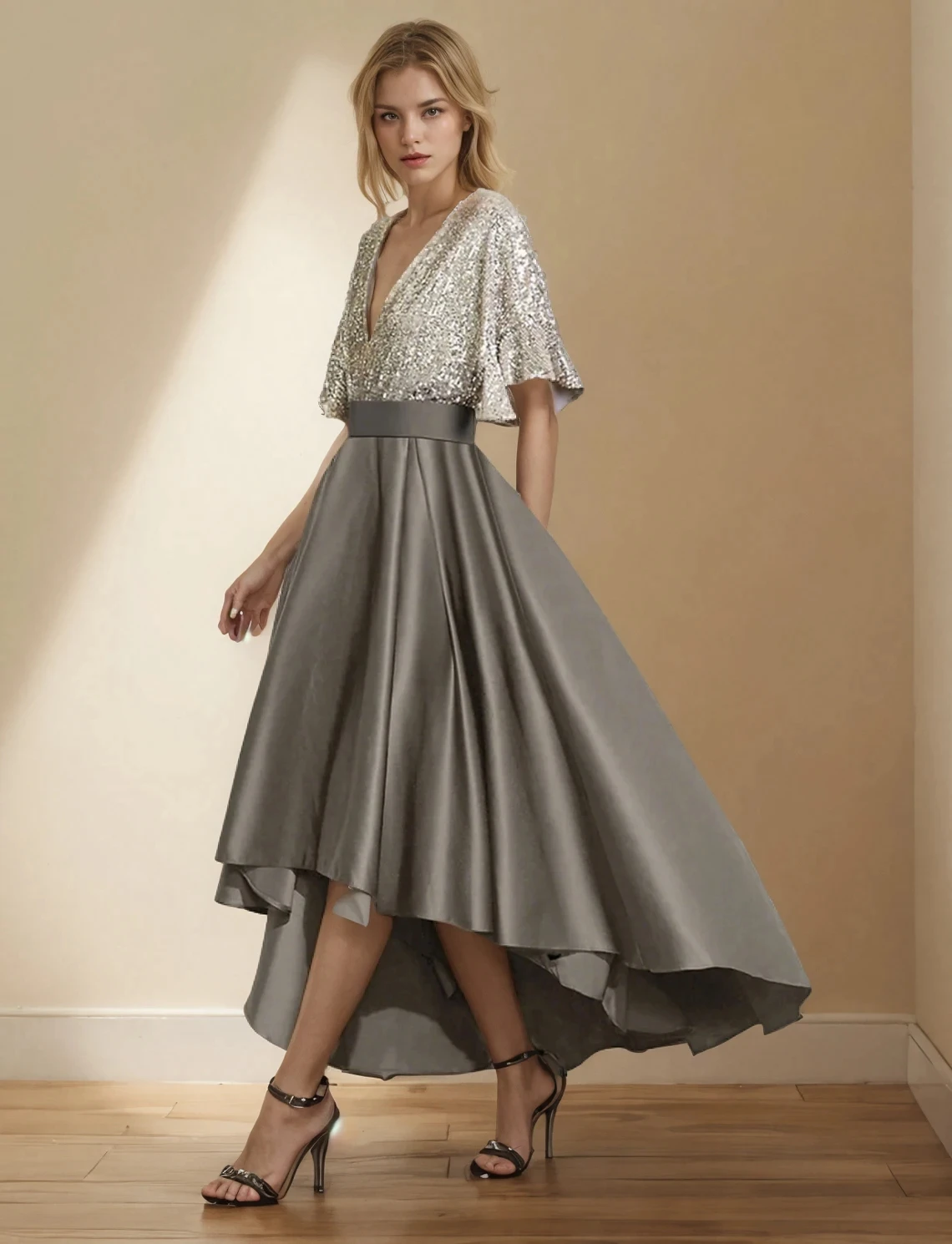 

New Modern Gray Prom Party Dresses V-neck Short Sleeves Sequins Asymmetrical Formal Evening Pageant Gown Birthday Robe De Soriee