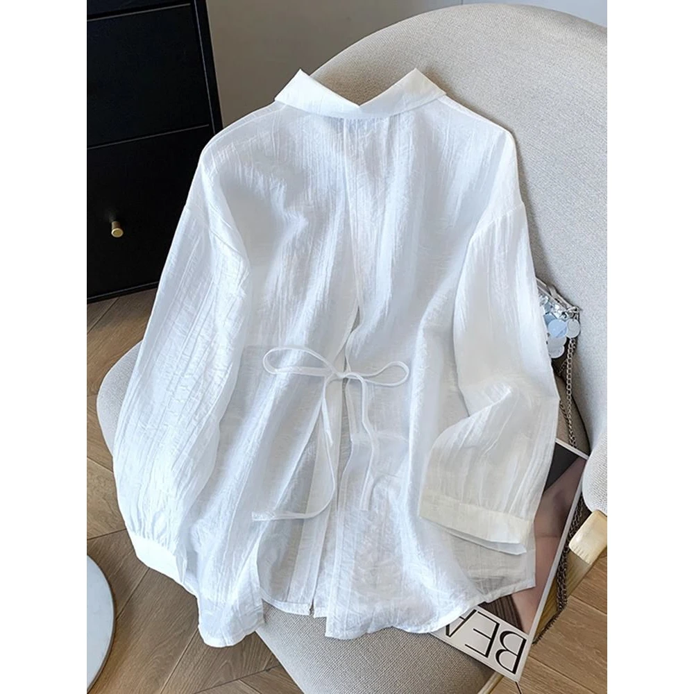 

White Collar Long Sleeve Women's Summer Lightweight Breathable Sun Protection Shirt Back Split Belted Single Button Thin...