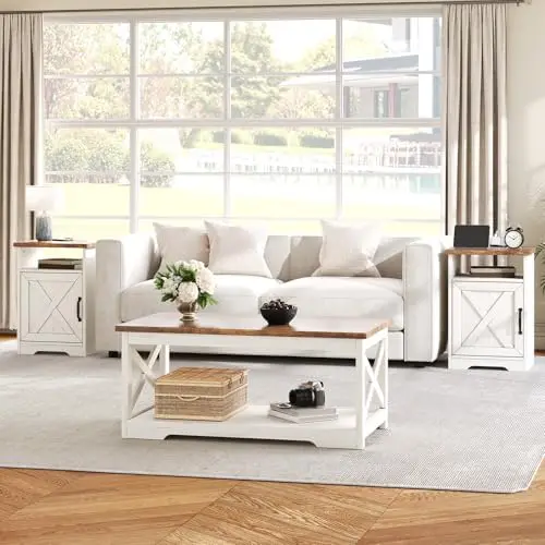 3-Piece Farmhouse Living Room Table Set with Coffee Table & 2 End Tables, Charging Station & USB Ports, Distressed White