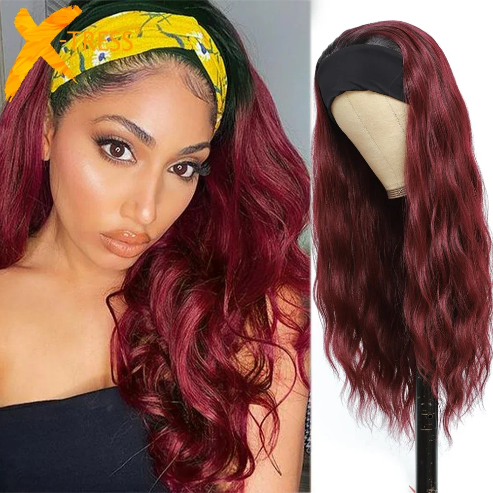 Lijmloze hoofdband pruik Ombre rood gekleurd synthetisch lang natuurlijk golvend sjaal Headwraps haar pruiken voor vrouwen hittebestendig X-TRESS